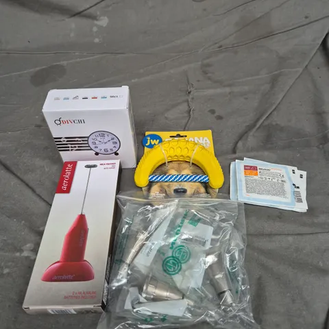 APPROXIMATELY 15 ASSORTED HOUSEHOLD ITEMS TO INCLUDE DRESSINGS, MILK FROTHER AND BANANA DOG CHEW TOY