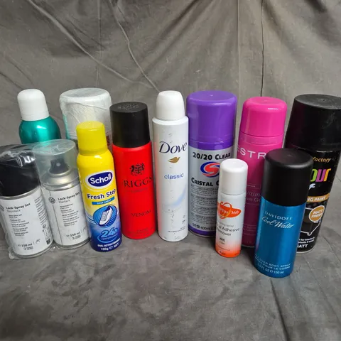 APPROXIMATELY 12 ASSORTED AEROSOLS TO INCLUDE - SCHOLL SHOE SPRAY - ESTRID SHAVE GEL - RIGGS VENOM DEODORANT - ETC - COLLECTION ONLY