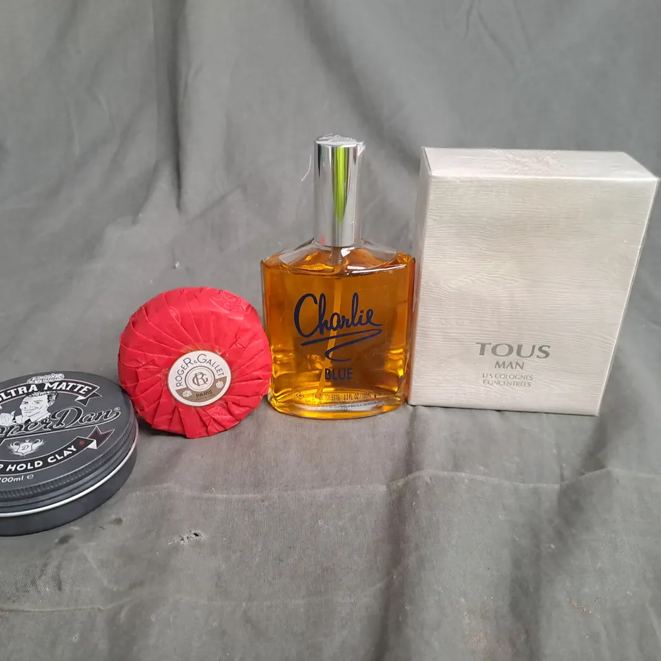 LOT OF APPROXIMATELY 10 BEAUTY AND FRAGRANCE PRODUCTS TO INCLUDE CHARLIE, TOUS MAN DAPPER DAN CLAY