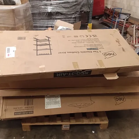 PALLET OF ASSORTED HOUSEHOLD GOODS AND PRODUCTS TO INCLUDE - NEO LED PARASOL, ELECTRIC CLOTHES AIRER