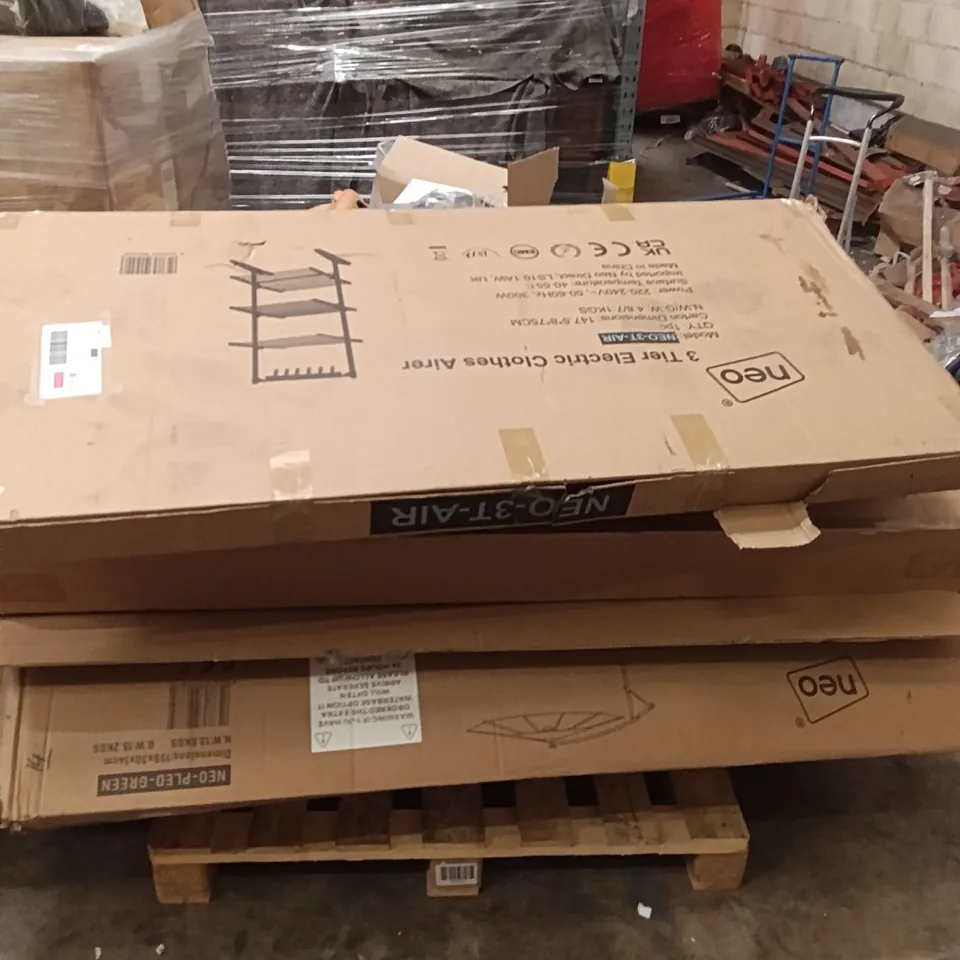 PALLET OF ASSORTED HOUSEHOLD GOODS AND PRODUCTS TO INCLUDE - NEO LED PARASOL, ELECTRIC CLOTHES AIRER 