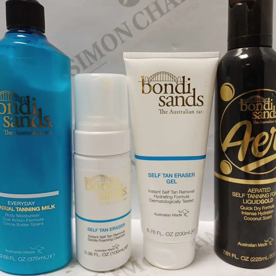 LOT OF 4 BONDI SANDS PRODUCTS TO INCLUDE GRAUDAL TANNING MILK, SELF TAN ERASER, AERATED SELF TANNING FOAM LIQUID GOLD 