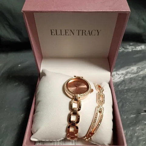 ELLEN TRACY LADIES ROSE-GOLD TONE WATCH & CRYSTAL BRACELET SET