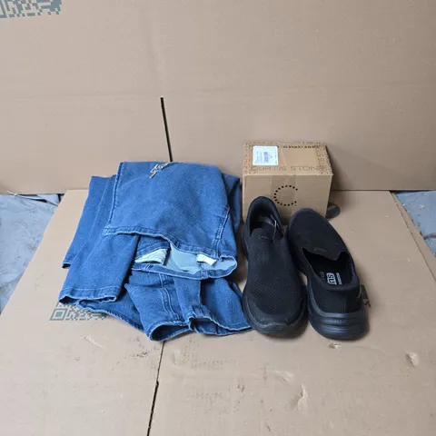 BOX OF APPROXIMATELY 15 X ASSORTED HOUSEHOLD ITEMS TO INCLUDE WYNNE DENIM CLOTHING (TAGGED), CURTIS STONE, SKECHERS SLIP INS ETC