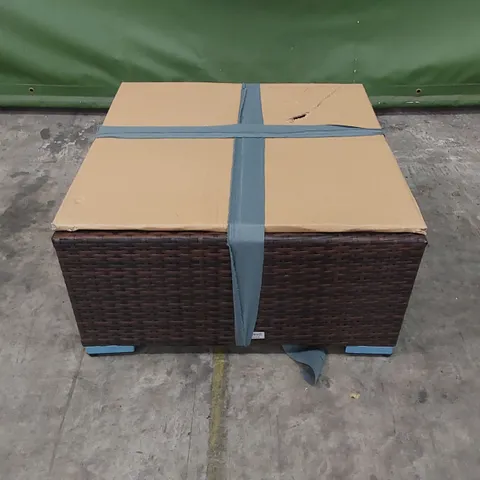 DESIGNER OTTOMAN/COFFEE TABLE IN RATTAN CHOCOLATE MIX AND COFFEE CREAM COLOUR WITH GLASS TOP