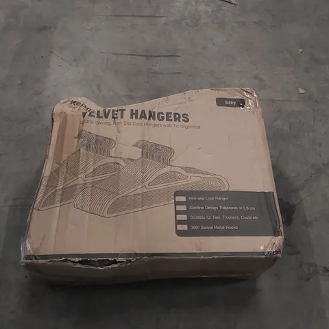 BOX OF APPROXIMATELY 50 KEPLIN BLACK VELVET CLOTHES HANGERS 
