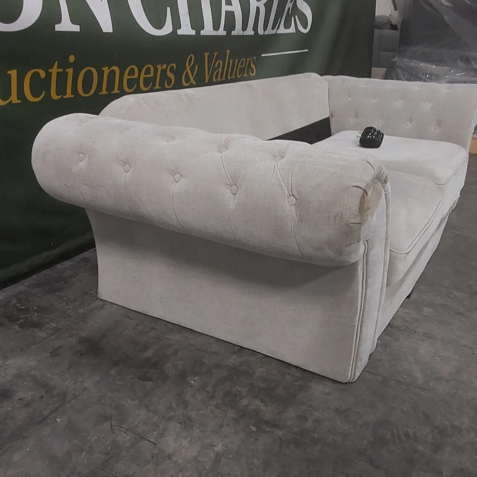 QUALITY DESIGNER FABRIC UPHOLSTERED CHESTERFIELD SOFA - MISSING CUSHIONS