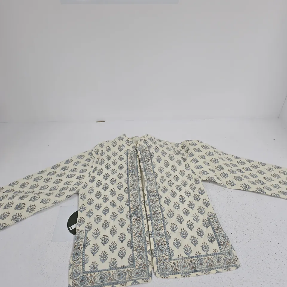 SUKRITI WOMEN'S QUILTED KURTI, CREAM WITH BLUE FLORAL PATTERN, UK SIZE S