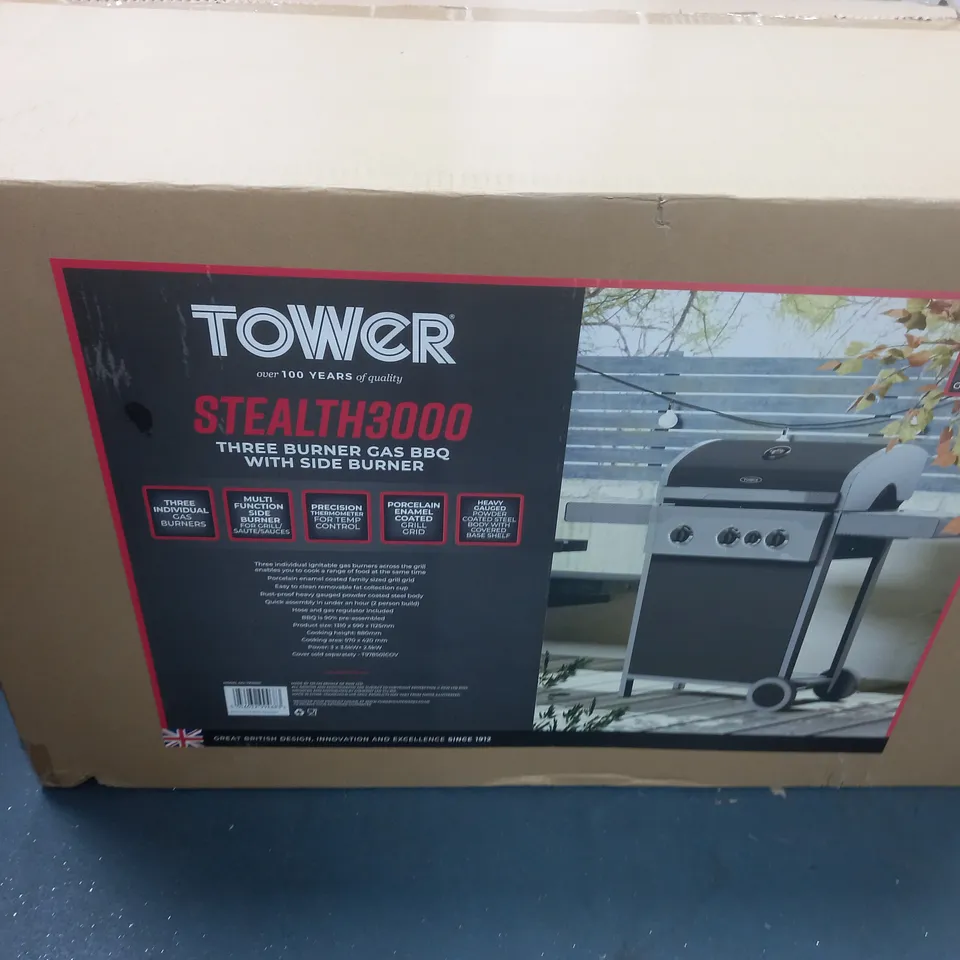 BOXED TOWER STEALTH 3000 3 BURNER GAS BBQ WITH SIDE BURNER
