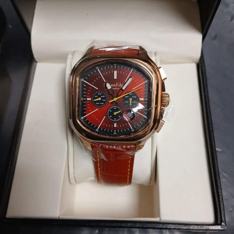 SWAN AND EDGAR WRISTWATCH – ROSE GOLD-TONE CASE, RED CHRONOGRAPH DIAL, RED LEATHER STRAP