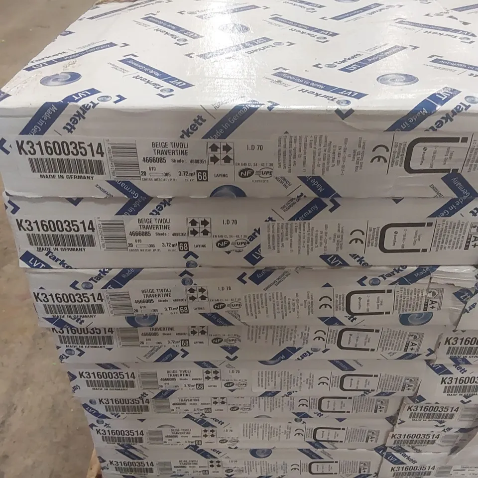 PALLET CONTAINING APPROXIMATELY 60x PACKS OF BRAND NEW TARKETT BEIGE TIVOLI TRAVERTINE LUXURY VINYL TILES - 3.72m²