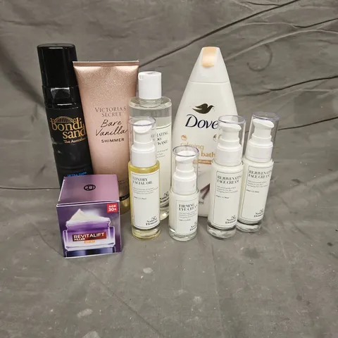 APPROXIMATEY 20 HEALTH AND BEAUTY PRODUCTS TO INCLUDE - VICTORA'S SECRET SHIMMER FRAGRANCE LOTION - BONDI SANDS ULTRA DARK SELF TANNING FOAM - L'ORAL REVITALIFT HYALURONIC ANTI-WRINKLE CREAM - ETC