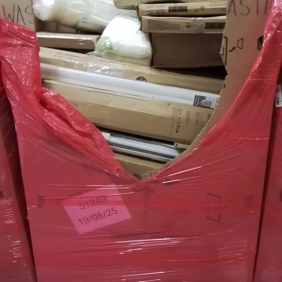 PALLET CONTAINING VARIOUS ASSORTED BOXED HOUSEHOLD ITEMS TO INCLUDE: ROLLER BLINDS, SHOE STORAGE BOXES, TOILET SEATS AND LOTS MORE UNMARKED BOXED ITEMS 