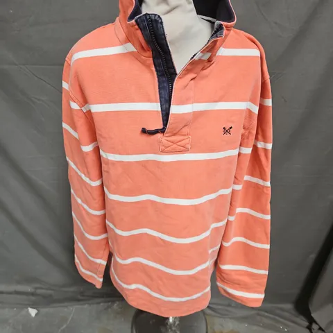CREW CLOTHING COMPANY 1/4 ZIP JUMPER IN CORAL STRIPE SIZE M