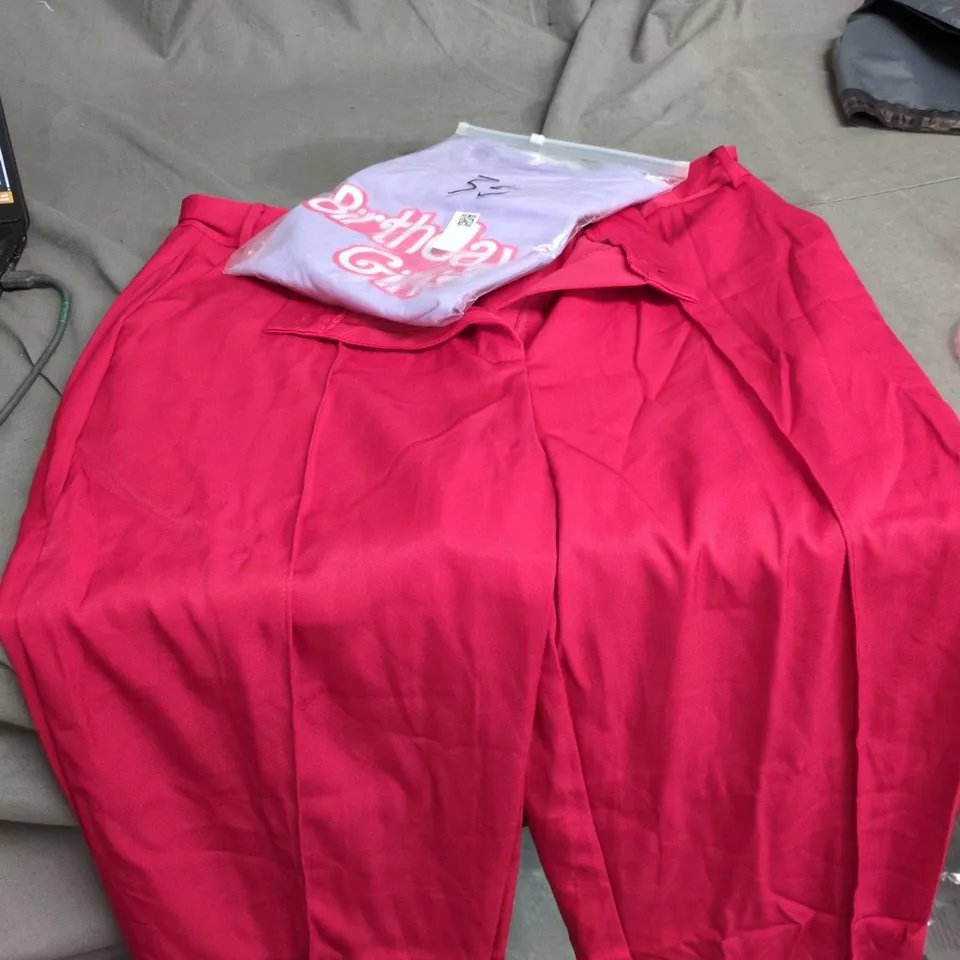 TWO-PIECE WOMEN'S CLOTHING SET: RED TROUSERS & LILAC TOP FULL BOX OF ASSORTED CLOTHES .