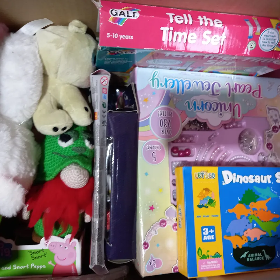 BOX OF APPROXIMATELY 10 ASSORTED TOYS AND GAMES TO INCLUDE PETER RABBIT JEMIMA PUDDLE DUCK PULL ALONG, URBAN DIE-CAST PLAY SET, HASBRO GAMING BOP IT, ETC