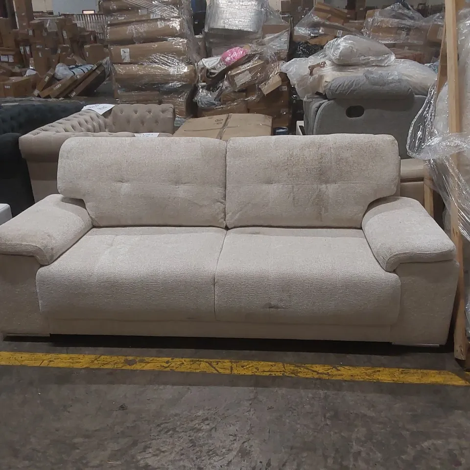 QUALITY DESIGNER KANSAS 3 SEATER SOFA, IVORY WOVEN CHENILLE FABRIC