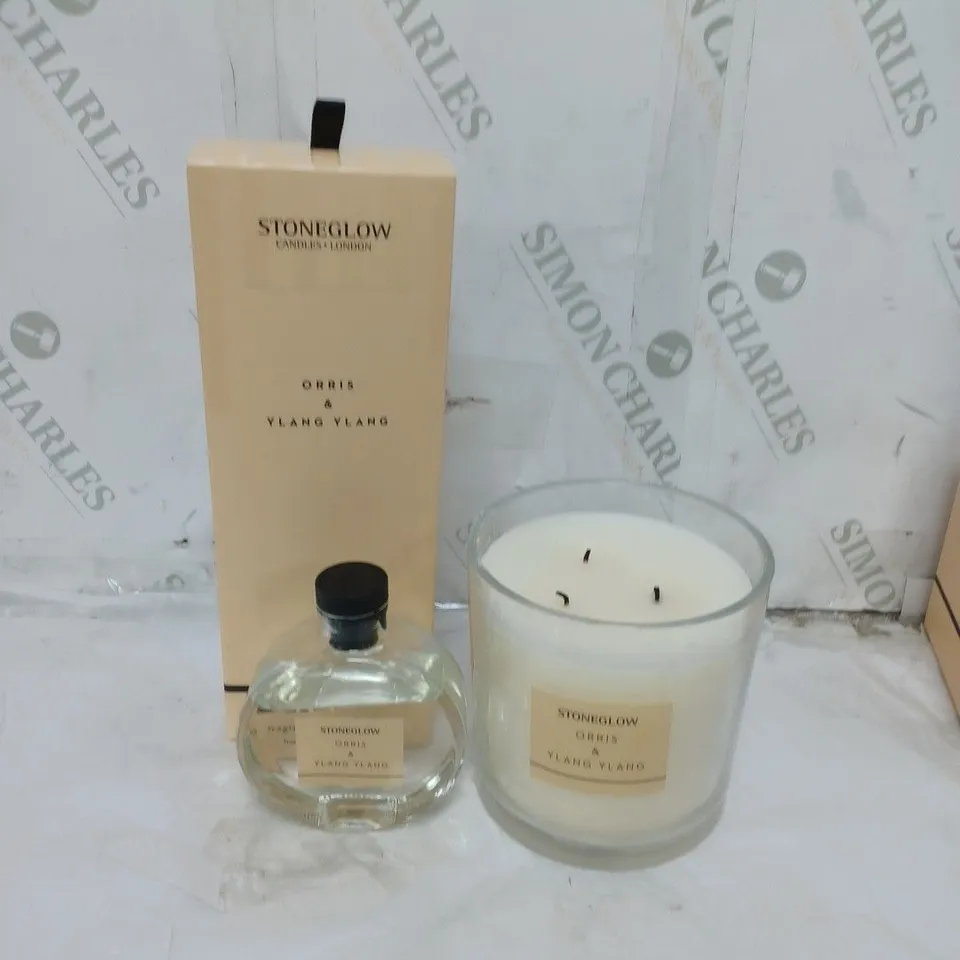 BOXED STONEGLOW REED DIFFUSER AND LARGE CANDLE SET ORRIS AND YLANG YLANG SCENT