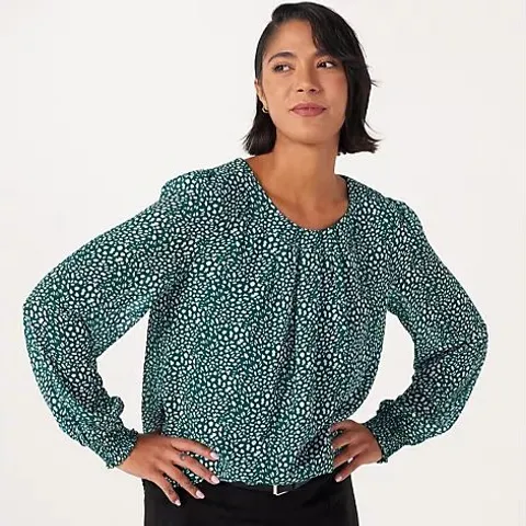 IZABEL LONDON ANIMAL PRINT SEMI SHEER BLOUSE TEAL SIZE 14