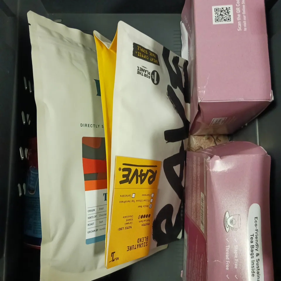 10 X ASSORTED FOOD/DRINK PRODUCTS TO INCLUDE RAVE COFFEE, HIBISCUS TEA, FRUIT JUICE ETC 