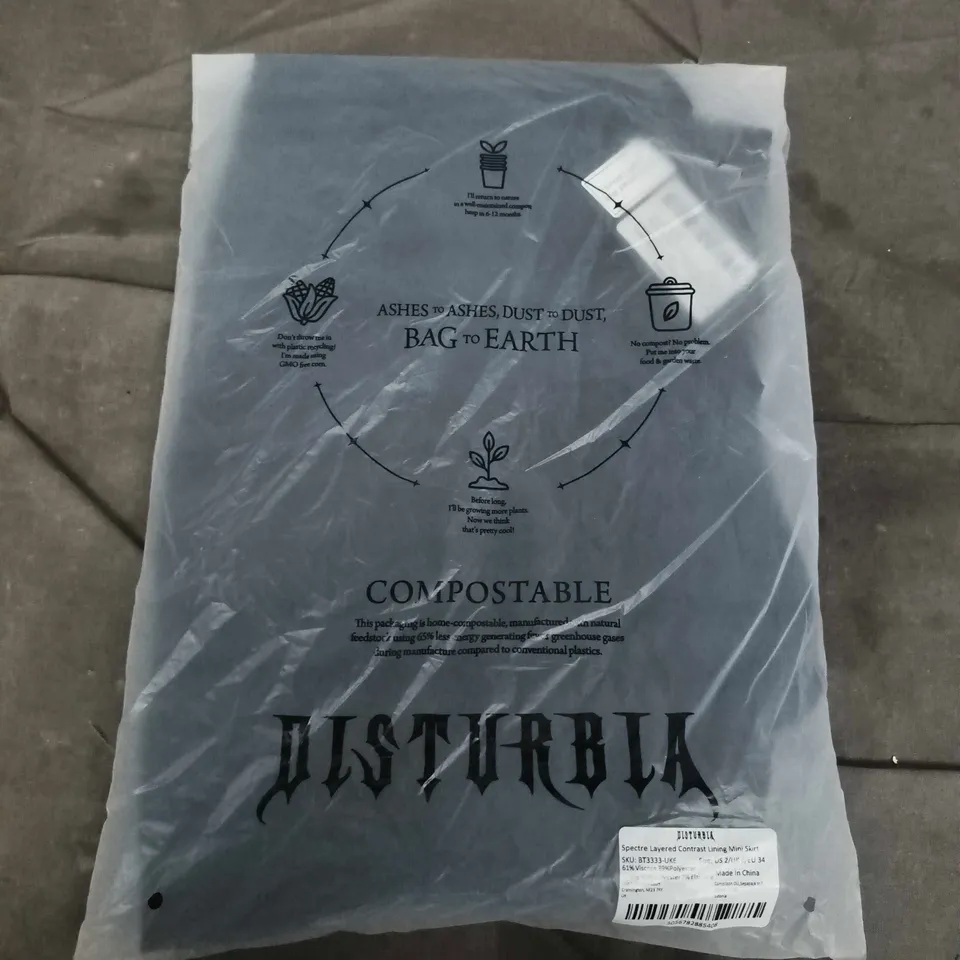 BAGGED DISTURBIA SPECTRE LAYERED CONTRAST LINING MINI SKIRT IN BLACK - UK 6