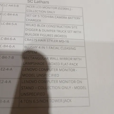 PALLET OF APPROXIMATELY 14 ASSORTED PRODUCTS TO INCLUDE; ACER MONITOR, TOSHIBA CAMERA BATTERY CHARGER, CRAST HAIR STYLER, BLUSHY 4 IN 1 FACIAL CLEANSING SYSTEM, LENOVO MONITOR, LIVMORE MASSAGE CLOUD P