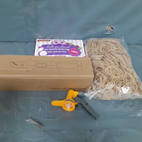 BOX OF ASSORTED HOUSEHOLD ITEMS TO INCLUDE RUBBER BANDS, TOILET CLEANING STICKS AND HOZELOCK PARTS