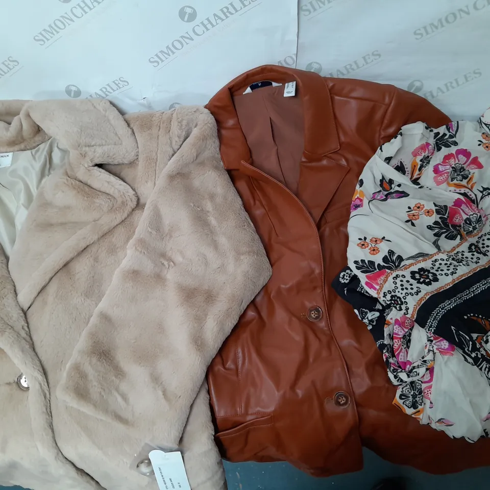 A BOX OF 10 VARIOUS CLOTHING ITEMS TO INCLUDE A HELENE BERMAN COAT A BROWN FAUX LEATHER JACKET AND A MONSOON FLOWER DESIGN TOP