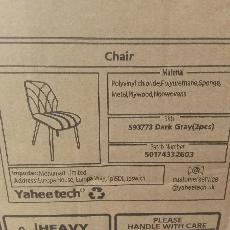 BOXED SET OF 2 YAHEETECH DINING CHAIRS - DARK GREY (1 BOX)