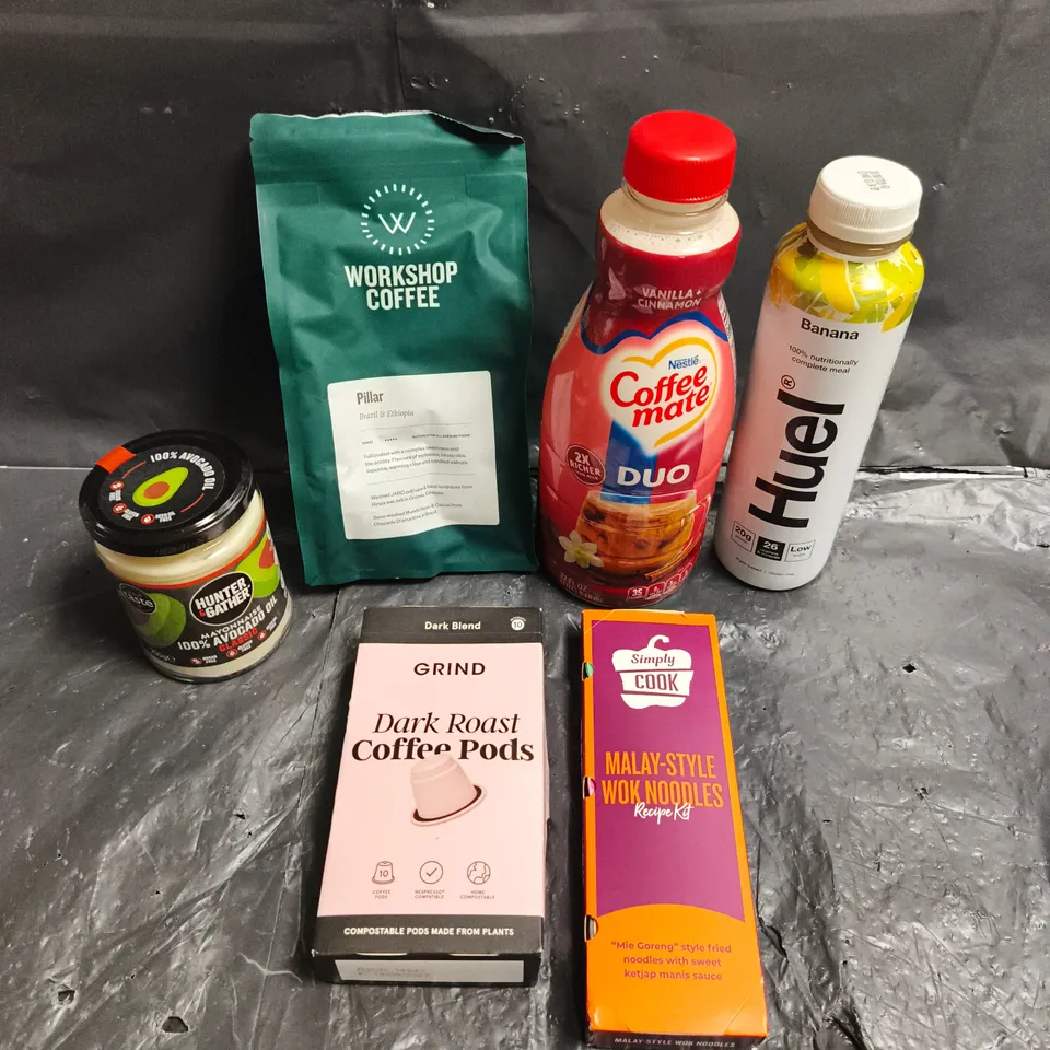 APPROXIMATELY 10 ASSORTED FOOD/DRINK PRODUCTS TO INCLUDE HUEL DRINK, GRIND COFFEE PODS, WORKSHOP COFFEE ETC