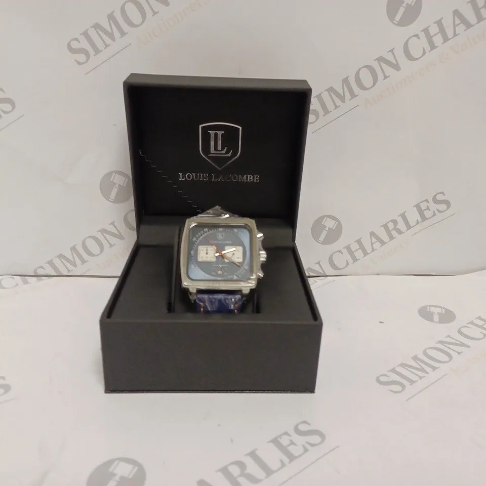 LOUIS LACOMBE MENS CHRONOGRAPH WATCH - SQUARE BLACK DIAL WITH WHITE SUB DIALS - SILVER STAINLESS STEEL CASE - 3ATM WATER RESISTANT - BLUE LEATHER STRAP - DISPLAY BOX