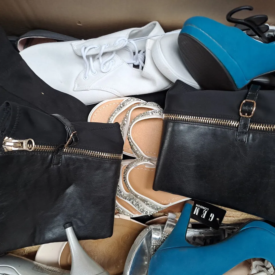 BOX OF APPROXIMATELY 10 ASSORTED PAIRS OF SHOES IN VARIOUS COLOURS, STYLES, AND SIZES