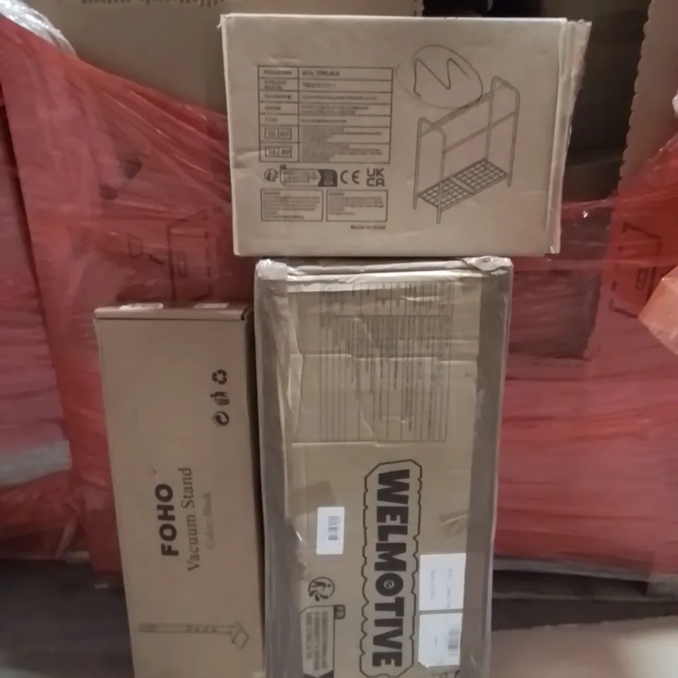 PALLET OF ASSORTED HOUSEHOLD GOODS AND PRODUCTS TO INCLUDE;KICK SCOOTER,TOWEL RACK,VACUUM STAND 