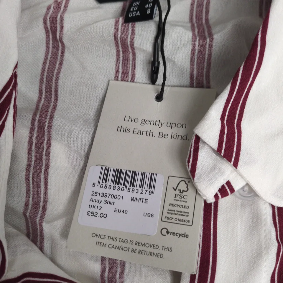NOBODY'S CHILD WHITE & BURGUNDY STRIPED SHIRT – UK12