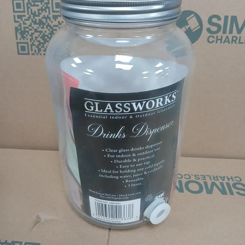 GLASSWORKS DRINKS DISPENSER – 3 LITRES CAPACITY, GLASS JAR WITH LID AND TAP