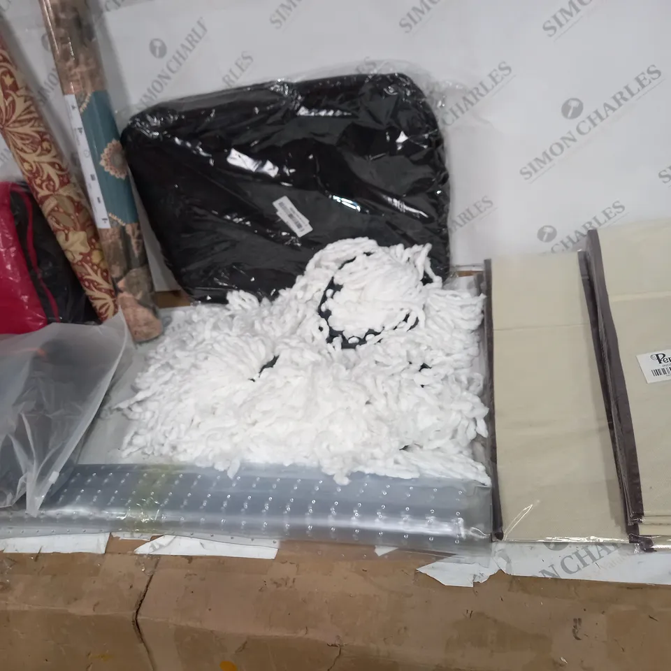 BOX OF ASSORTED ITEMS TO INCLUDE: ROLLS OF WALLPAPER, DRAWER ORGANISERS,MOP HEADS ETC