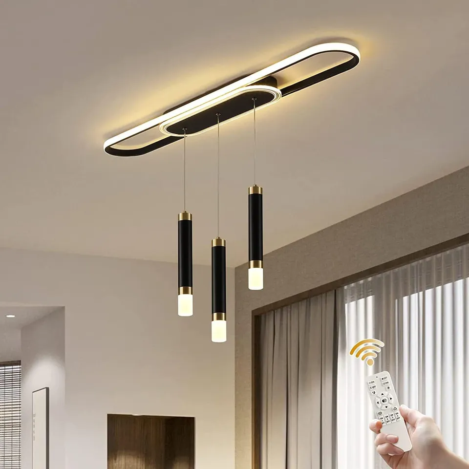 BOXED ONINIO MODERN LED PENDANT LIGHT 100CM DIMMABLE LINEAR KITCHEN ISLAND LIGHTING WITH REMOTE CONTROL 3-LIGHT BLACK ADJUSTABLE HEIGHT CEILING CHANDELIER
