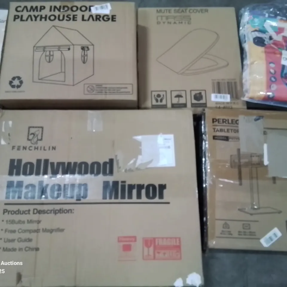 PALLET OF ASSORTED ITEMS TO LARGE PLAYHOUSE, HOLLYWOOD MAKEUP MIRROR AND TABLETOP MONITOR STAND