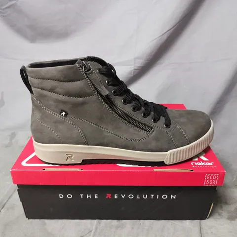 BOXED PAIR OF RIEKER GREY SUEDE HIGH-TOP SNEAKERS – MEN'S - SIZE 41