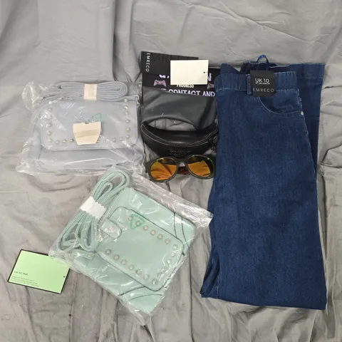 APPROXIMATELY 20 ASSORTED ITEMS TO INCLUDE TROUSERS, HANDBAG, SUNGLASSES, ETC