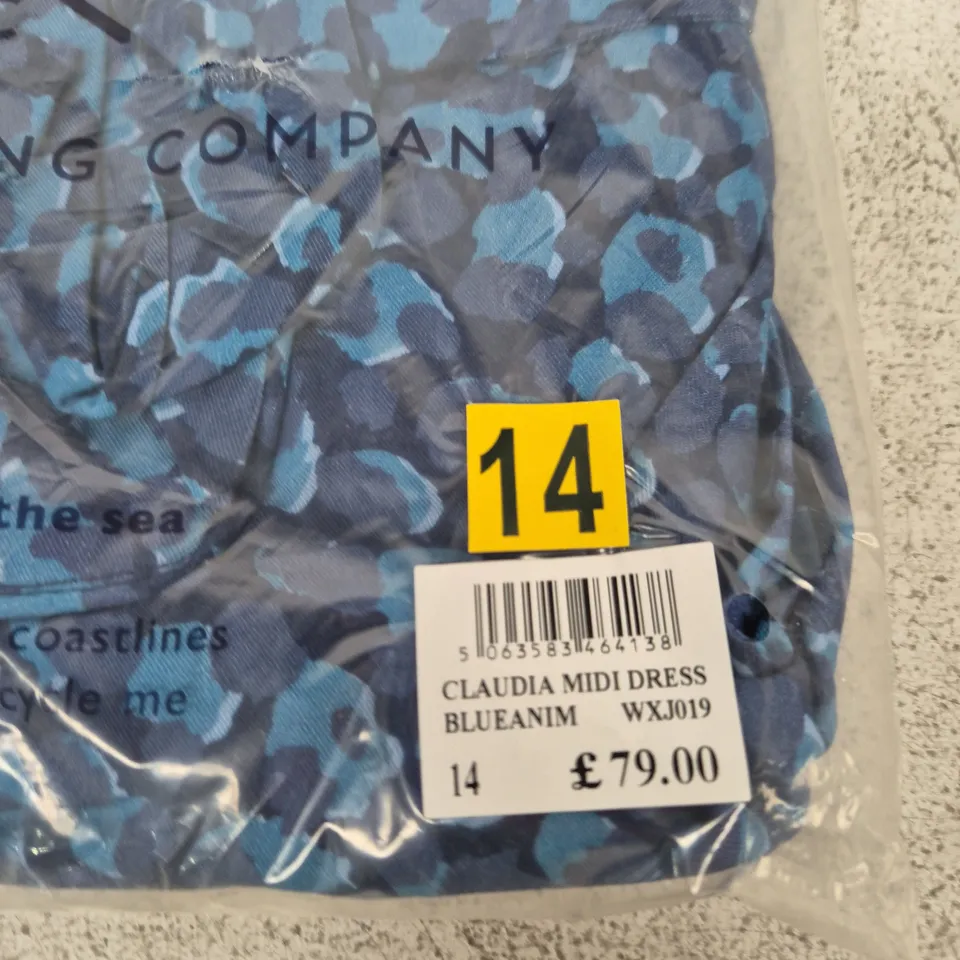 CREW CLOTHING CLAUDIA MIDI DRESS – BLUE ANIMAL PRINT, UK SIZE 14