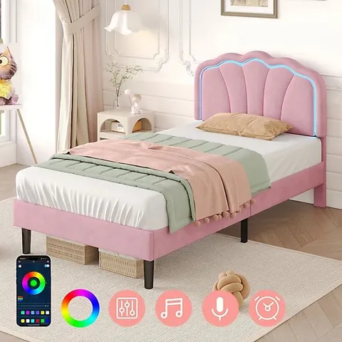 BOXED BTM SINGLE UPHOLSTERED BED 3FT 90X190CM LED HEADBOARD VELVET FRAME (1 BOX)