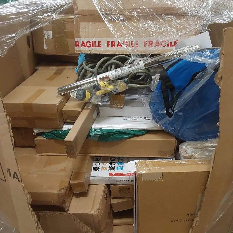 PALLET OF ASSORTED HOUSEHOLD ITEMS AND CONSUMER PRODUCTS TO INCLUDE; LIGHTING PRODUCTS, AIR PURIFIER, BOXED FURNITURE ETC 