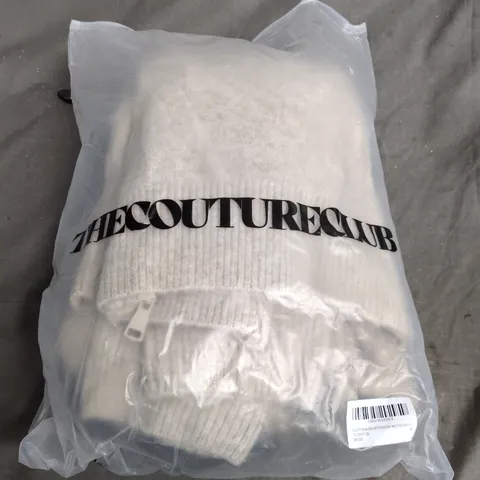 THE COUTURE CLUB FLUFFY EMBLEM ZIP-THROUGH KNITTED HOODIE – BEIGE – SIZE M