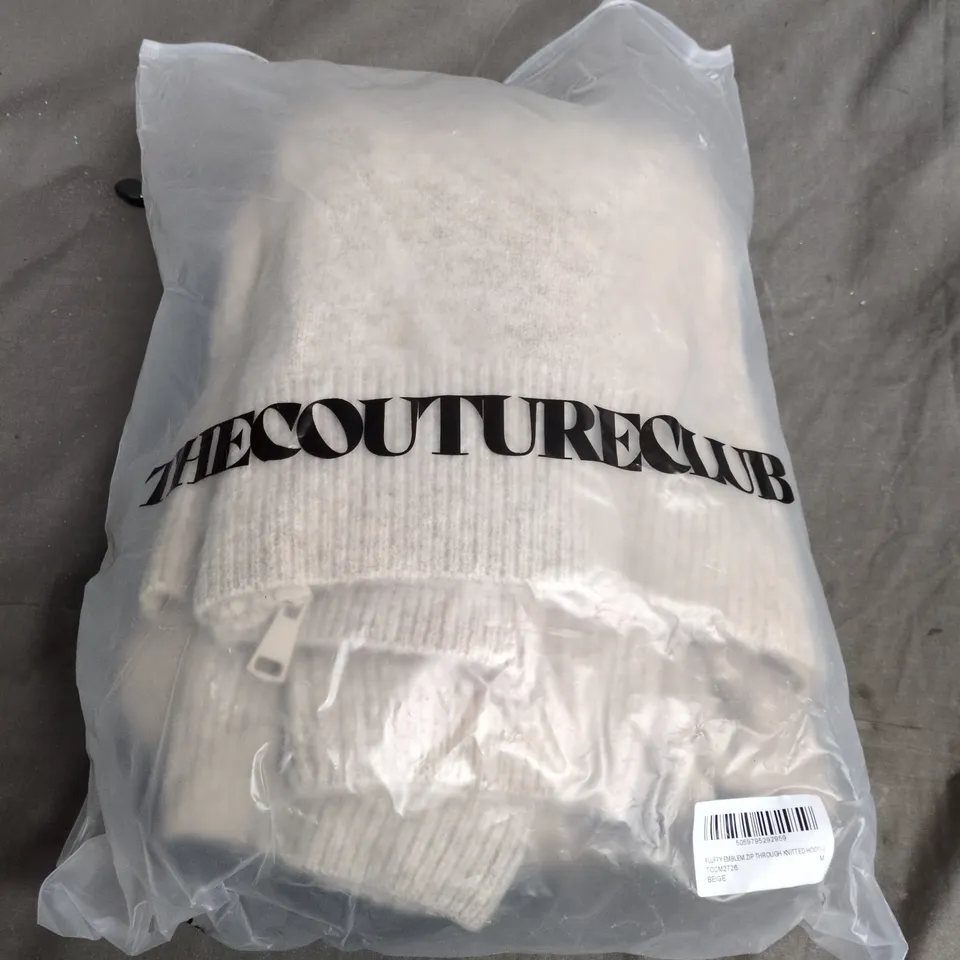 THE COUTURE CLUB FLUFFY EMBLEM ZIP-THROUGH KNITTED HOODIE – BEIGE – SIZE M