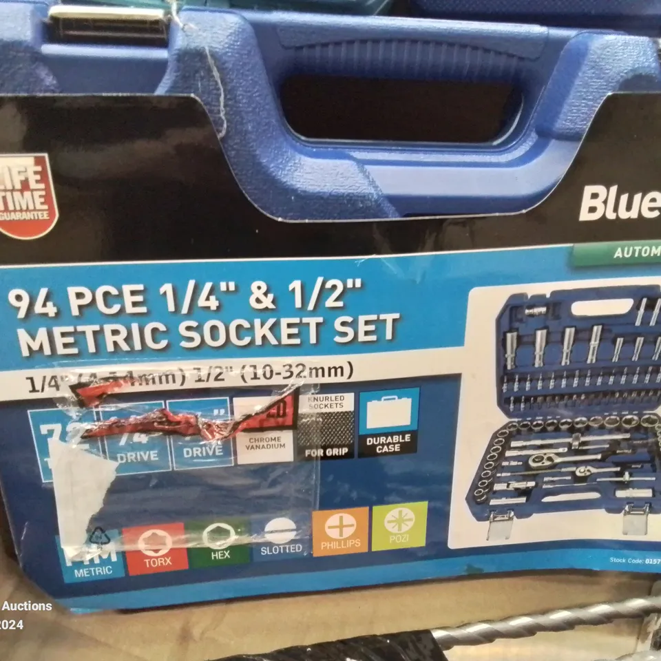 BOX CONTAINING MIXED TOOLS TO INCLUDE: 10PC LOCKING WHEEL NUT SET, 46 SOCKET SET, 94PC METRIC SOCKET SET, IMPACT TORX BIT SOCKETS 