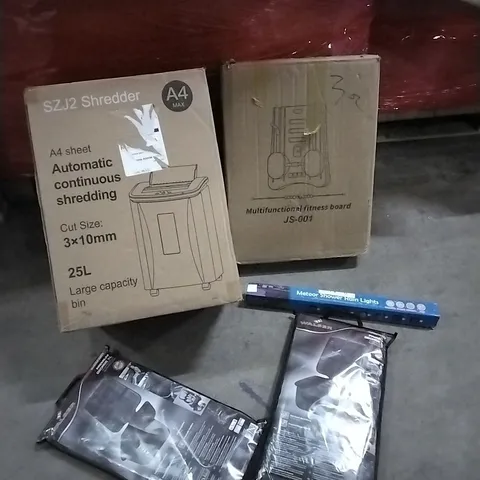 PALLET OF HOUSEHOLD ITEMS TO INCLUDE AUTOMATIC CONTINUOUS SHREDDING, SEAT PROTECTORS, METOER SHOWER RAIN LIGHTS, MULTIFUNCTIONAL FITNESS BOARD AND OTHER ASSORTED ITEMS..L