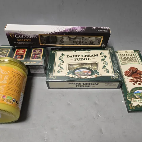 APPROXIMATELY 8 ASSORTED FOOD ITEMS TO INCLUDE -GUINNESS MINI PINTS , IRISH CREAM LIQUEUR , DAIRY CREAM FUDGE ETC