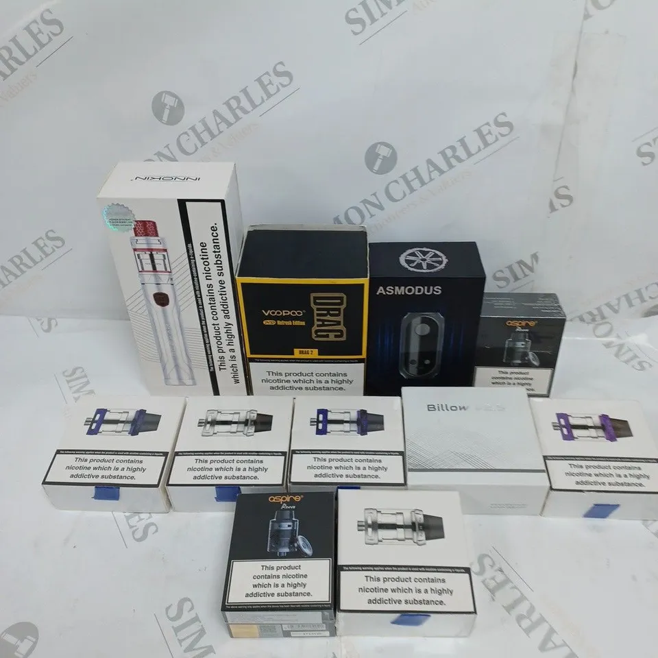 BOX OF APPROXIMATELY 10 ASSORTED E-CIGARETTE PRODUCTS & ACCESSORIES TO INCLUDE ASMODUS, ASPIRE, INNOKIN ETC 