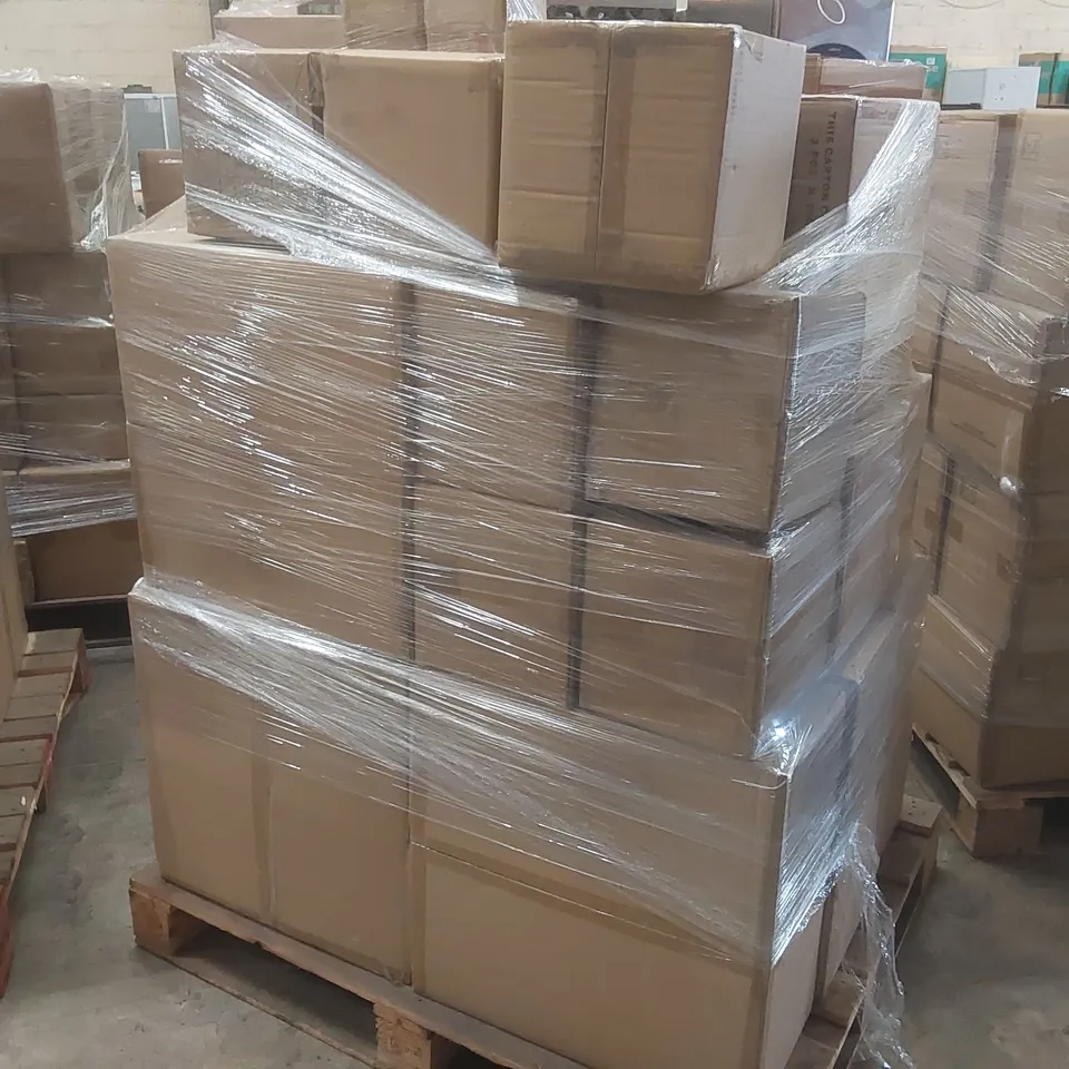 PALLET CONTAINING A VERY LARGE QUANTITY OF ASSORTED DESIGNER LIGHTING ITEMS INCLUDING: MARISSA CHROME TOUCH TABLE LAMPS WHITE SHADE EURO, EURO ANGUS GEOMETRIC GREY BASE TABLE LAMP GREY SHADE ECT